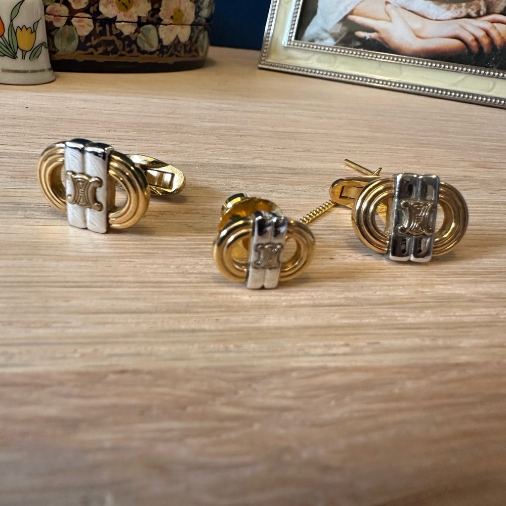 Celine Vintage Paris Logo Cufflinks & Tie Tack Set – Gold & Silver Tone - Picture 2 of 5